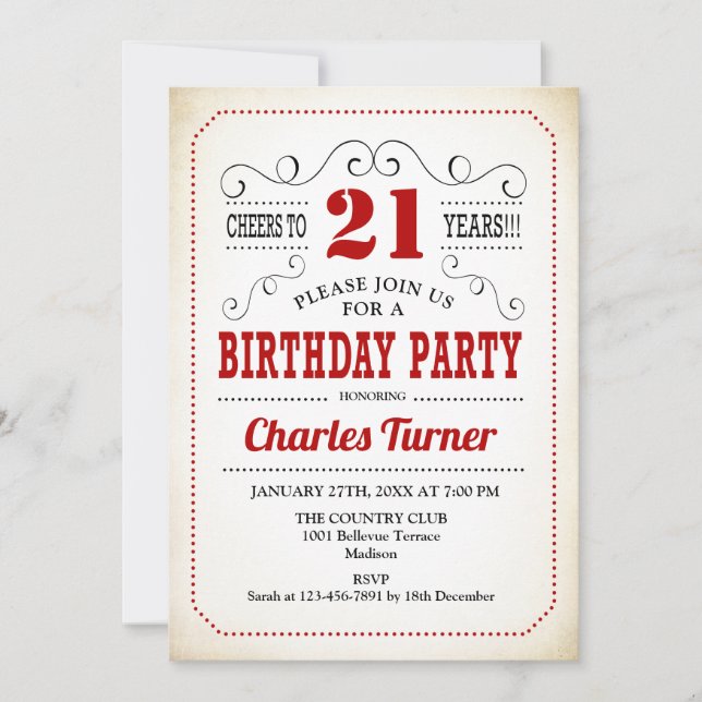 21st Birthday Party - Retro Creamy White and Red Invitation (Front)