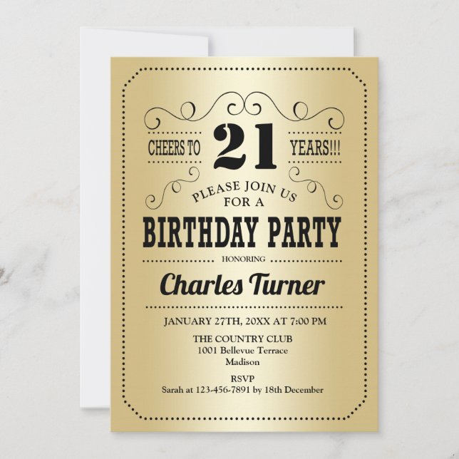 21st Birthday Party - Retro Gold Black Invitation (Front)