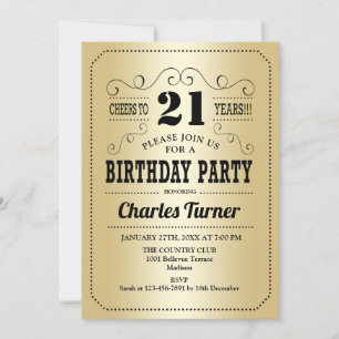 21st Birthday Party - Retro Gold Black Invitation