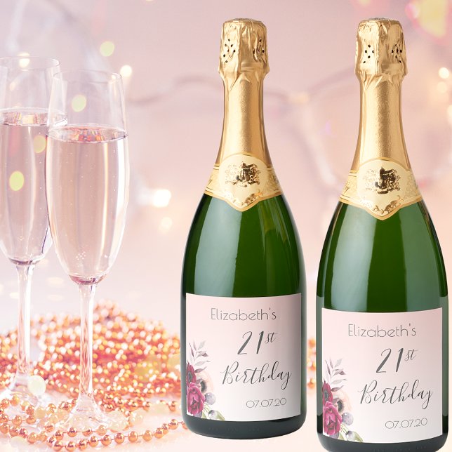 21st birthday party rose gold blush pink floral sparkling wine label (Creator Uploaded)