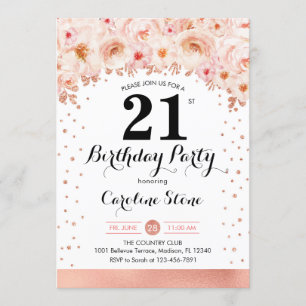 21st Birthday Party - Rose Gold Flowers Invitation