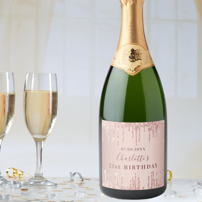 21st birthday party rose gold glitter monogram sparkling wine label (Creator Uploaded)