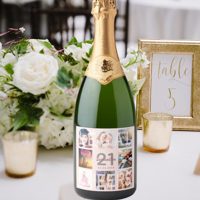 21st birthday party rose gold legal photo collage sparkling wine label (Creator Uploaded)