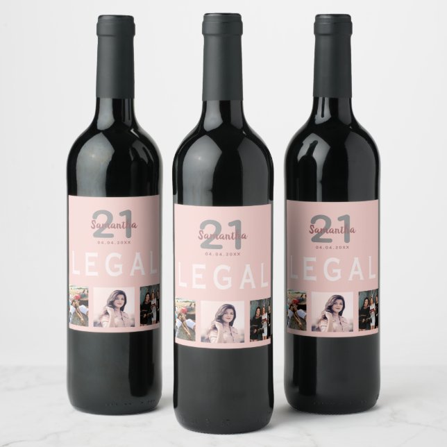21st birthday party rose gold legal photo collage wine label (Bottles)