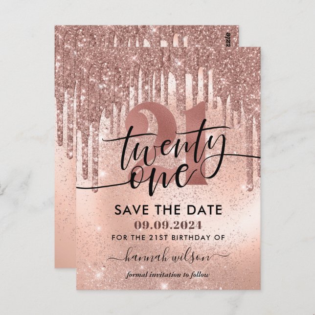 21st Birthday Party Rose Gold Save The Date Postcard (Front/Back)