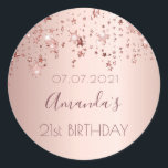 21st birthday party rose gold shiny stars glittery classic round sticker<br><div class="desc">A sticker, favour tag for a girly 21st birthday party. A faux rose gold metallic looking background with an elegant rose gold, copper coloured dripping shining stars. Template for name, date age 21. The name is written in dark rose gold with a large modern hand lettered style script. Perfect as...</div>