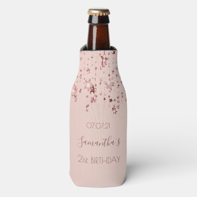 21st birthday party rose gold stars bottle cooler (Bottle Front)
