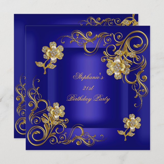 21st Birthday Party Royal Blue Gold Diamond Invitation (Front/Back)
