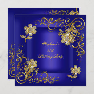 21st Birthday Party Royal Blue Gold Diamond Invitation