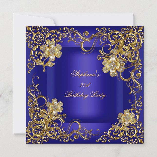 21st Birthday Party Royal Blue Gold Flower Invitation (Front)