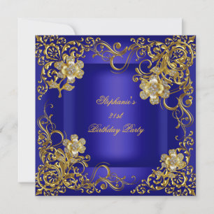 21st Birthday Party Royal Blue Gold Flower Invitation