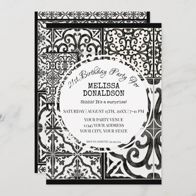 21st Birthday Party Rustic Farm Tile Black White Invitation (Front/Back)