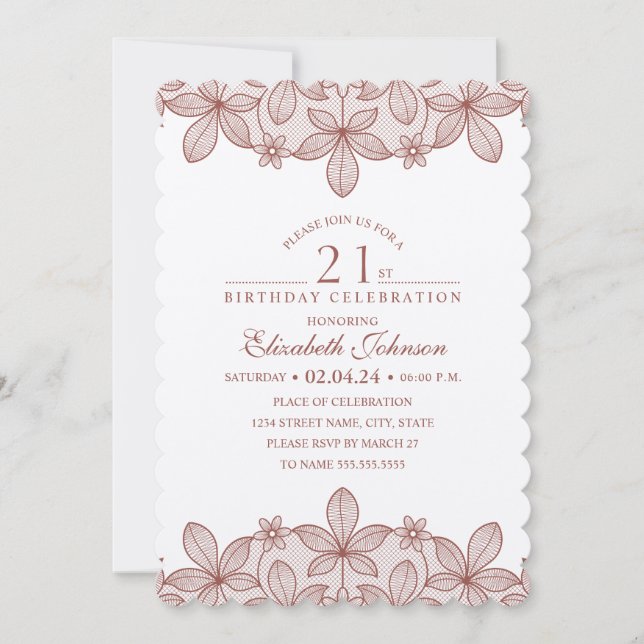 21st Birthday Party Rustic Lace Kraft Paper Invitation (Front)