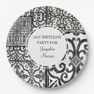 21st Birthday Party RusticTile Pattern Black White Paper Plate