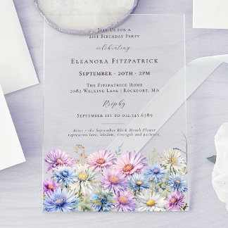 21st Birthday Party September Birth Month Flower Acrylic Invitations