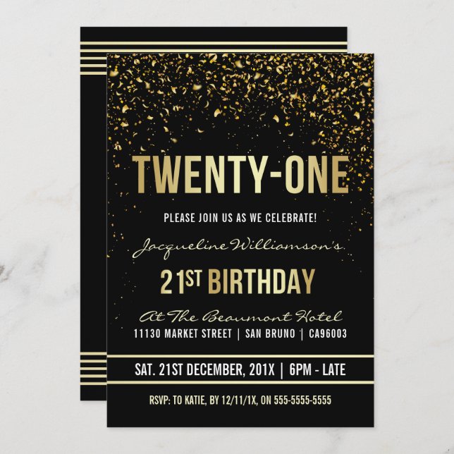 21st Birthday Party | Shimmering Gold Confetti Invitation (Front/Back)