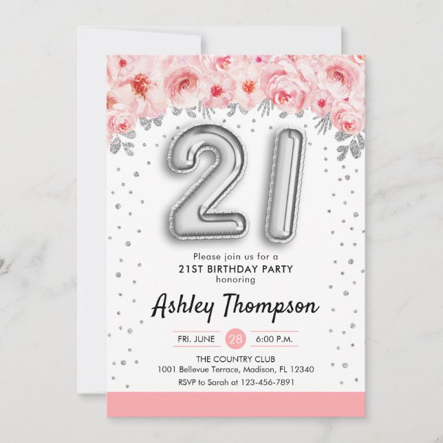 21st Birthday Party - Silver Balloons Invitation (Front)
