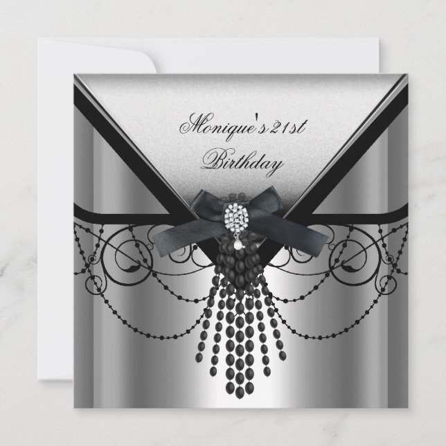 21st Birthday Party Silver Black Diamond Bow Invitation (Front)