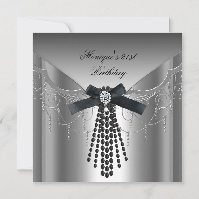 21st Birthday Party Silver Black Diamond Bow Invitation (Front)