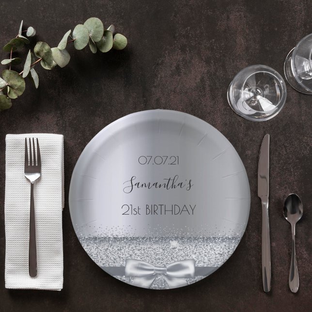 21st birthday party silver bow elegant paper plate (Creator Uploaded)