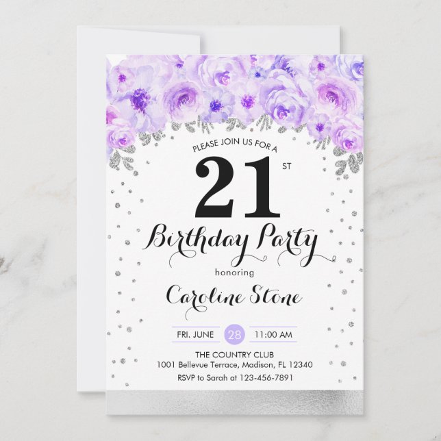 21st Birthday Party - Silver Purple Flowers Invitation (Front)