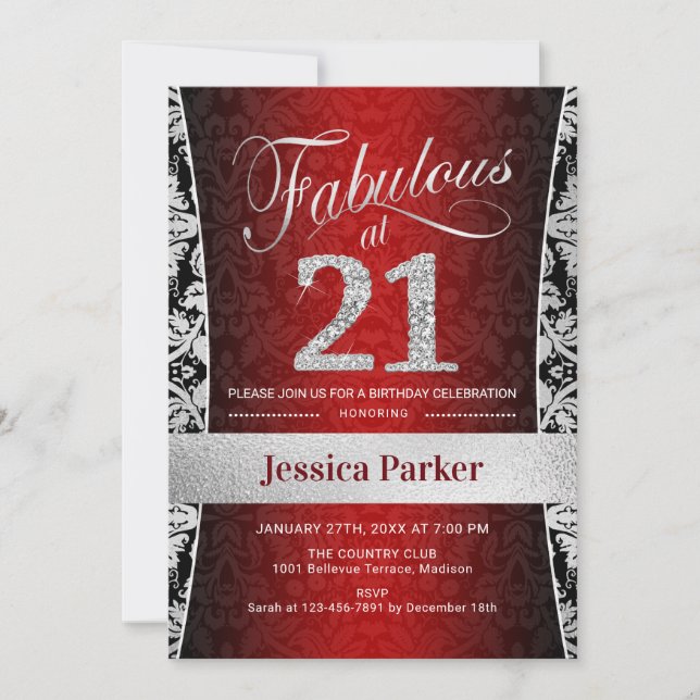 21st Birthday Party - Silver Red Black Invitation (Front)