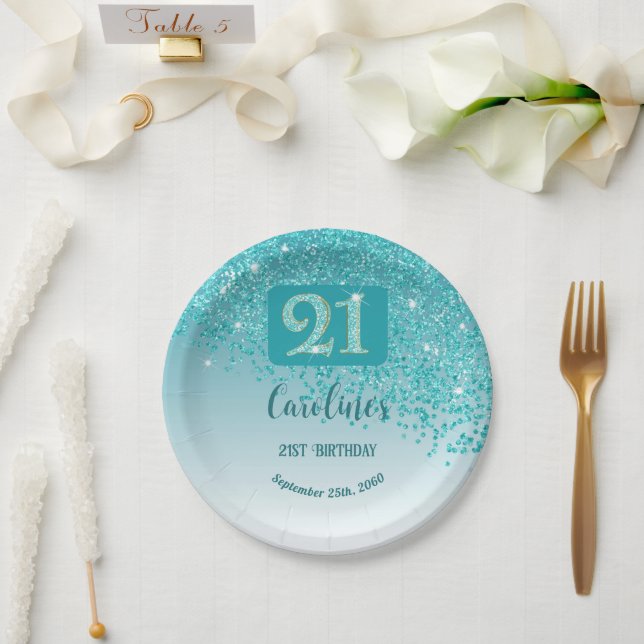 21st Birthday Party Sparkle Teal Blue Glitter Paper Plate (Wedding)