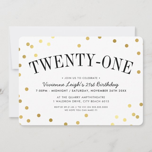 21st BIRTHDAY PARTY stylish gold confetti spots Invitation (Front)