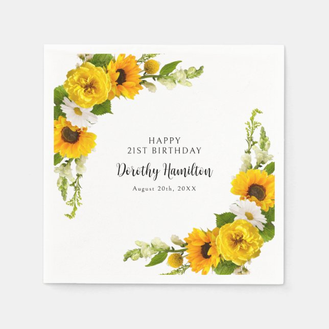 21ST Birthday Party Sunflower Daisy Custom Napkin (Front)