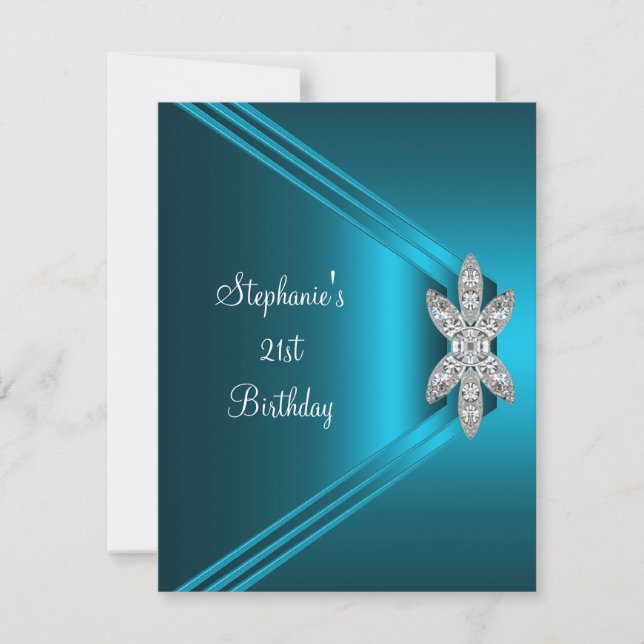 21st Birthday Party Teal Blue Silk Diamond Jewel Invitation (Front)