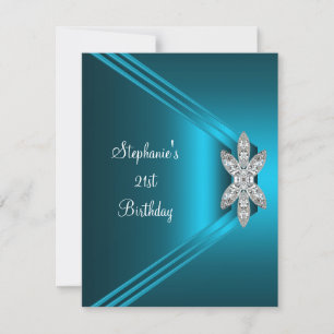 21st Birthday Party Teal Blue Silk Diamond Jewel Invitation
