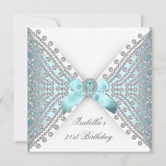 21st Birthday Party Teal Blue Silver White Diamond Invitation (Front)