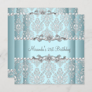 21st Birthday Party Teal Blue White Pearl Silver Invitation