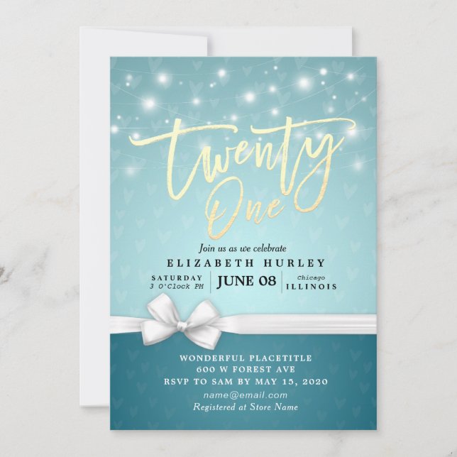 21st Birthday Party Turquoise Blue White Ribbon Invitation (Front)