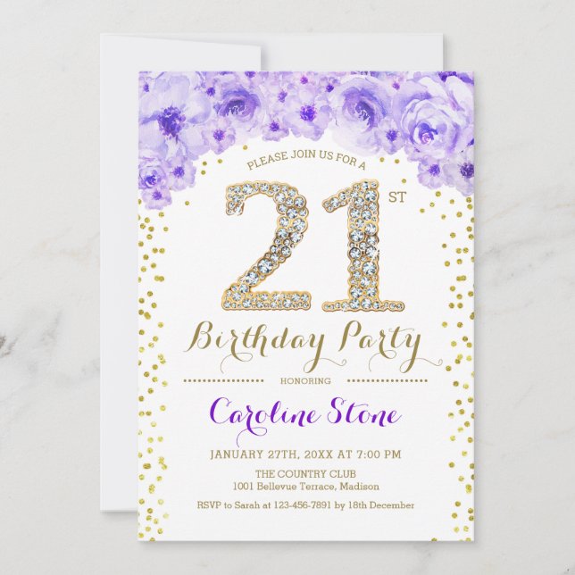 21st Birthday Party - White Gold Purple Invitation (Front)