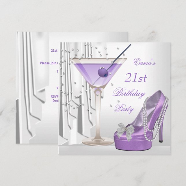 21st Birthday Party White Lilac Martini Pearl Shoe Invitation (Front/Back)