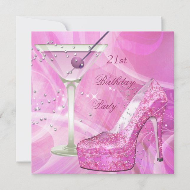 21st Birthday Party White Pink Martini Shoe Invitation (Front)