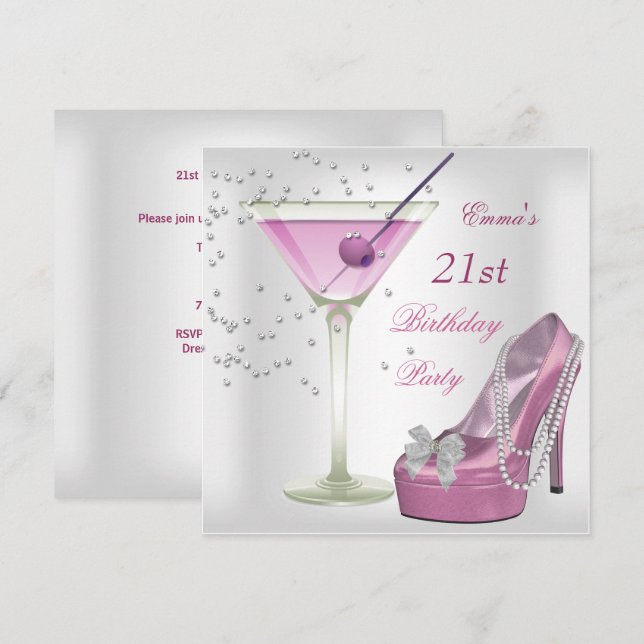 21st Birthday Party White Pink Martini Shoes Invitation (Front/Back)