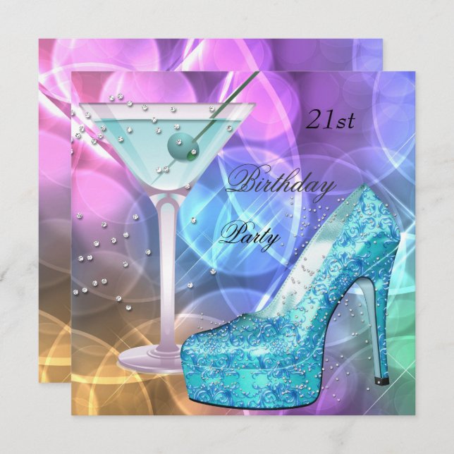 21st Birthday Party White Pink Teal Martini Shoe Invitation (Front/Back)