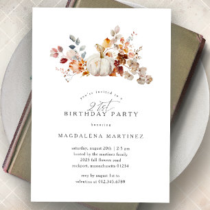 21st Birthday Party White Pumpkin Fall Flowers  Invitation