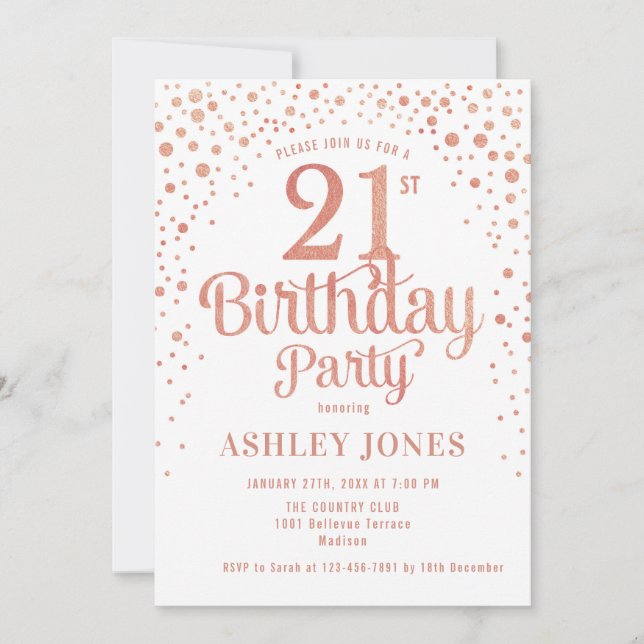 21st Birthday Party - White & Rose Gold Invitation (Front)
