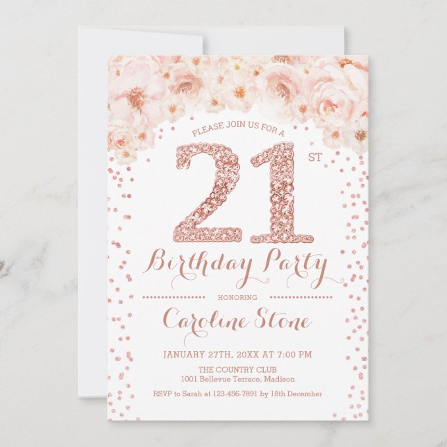 21st Birthday Party - White Rose Gold Invitation (Front)