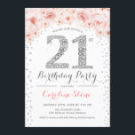21st Birthday Party - White Silver Pink Invitation<br><div class="desc">21st Birthday Party Invitation
Elegant design in faux glitter silver,  pink and white. Stylish floral invitation with diamonds and roses. Perfect for a glam celebration. Please message me if you need further customisation.</div>