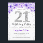 21st Birthday Party - White Silver Purple Invitation<br><div class="desc">21st Birthday Party Invitation
Elegant design in faux glitter silver,  purple and white. Stylish floral invitation with diamonds and roses. Perfect for a glam celebration. Please message me if you need further customisation.</div>