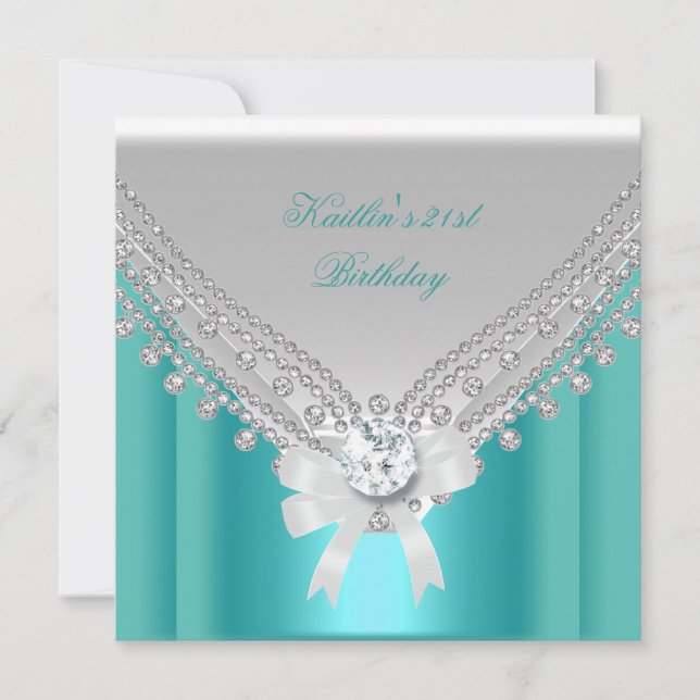 21st Birthday Party White Teal Blue Diamond Invitation (Front)