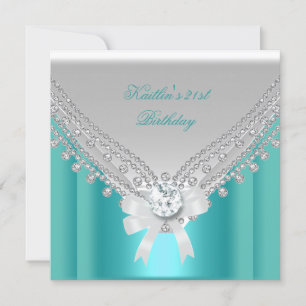 21st Birthday Party White Teal Blue Diamond Invitation