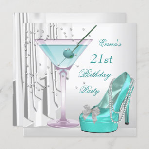 21st Birthday Party White Teal Martini Pearl Shoe Invitation