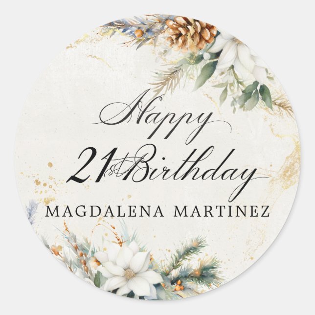 21st Birthday Party White Winter Floral Custom Classic Round Sticker (Front)