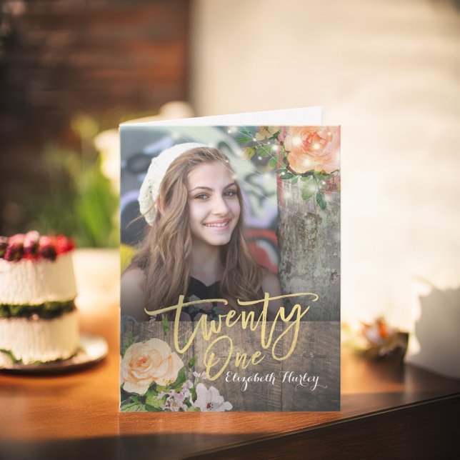 21st Birthday Party Wood Floral String Light Photo Invitation (Creator Uploaded)