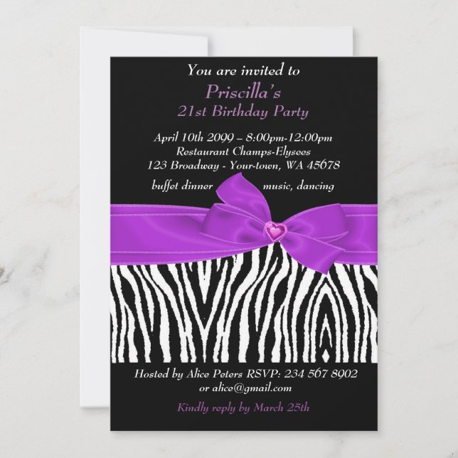21st Birthday Party, Zebra, black purple white Invitation (Front)